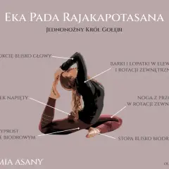 Eka Pada Rajakapotasana: kobieta w pozycji Jednonóżnego Króla Gołębi, z nogą z tyłu zgiętą i stopą blisko biodra.