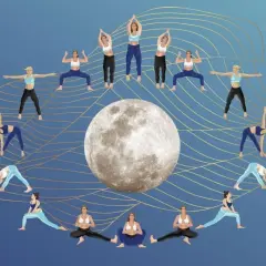 Cykl pozycji jogi chandra namaskar wokół księżyca, symbolizujący harmonię i spokój.