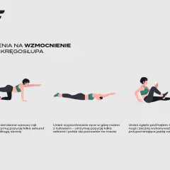 Ćwiczenia na wzmocnienie mięśni kręgosłupa: naprzemienne wznosy kończyn, unoszenie tułowia z rękami w górze, "rowerek".