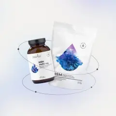 Wsparcie dla stawów: butelka kapsułek MSM 1400 mg i saszetka organicznej siarki.