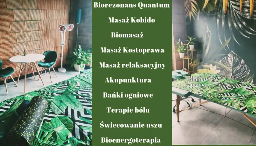 Gabinet z zielonymi akcentami, stołem do masażu i listą zabiegów.