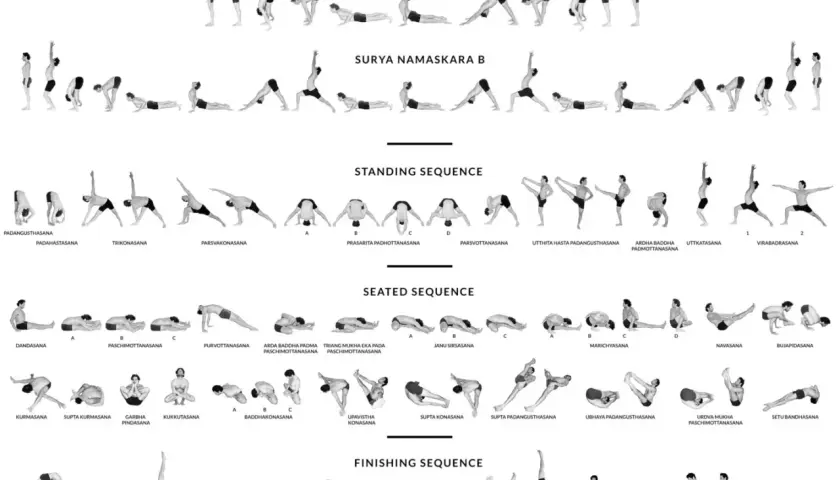Sekwencje ashtanga: Surya Namaskara A i B, pozycje stojące, siedzące i końcowe.