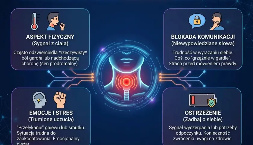Sen o anginie symbolizuje problemy z komunikacją, tłumione emocje i potrzebę zadbania o siebie. To sygnał dla czakry gardła.
