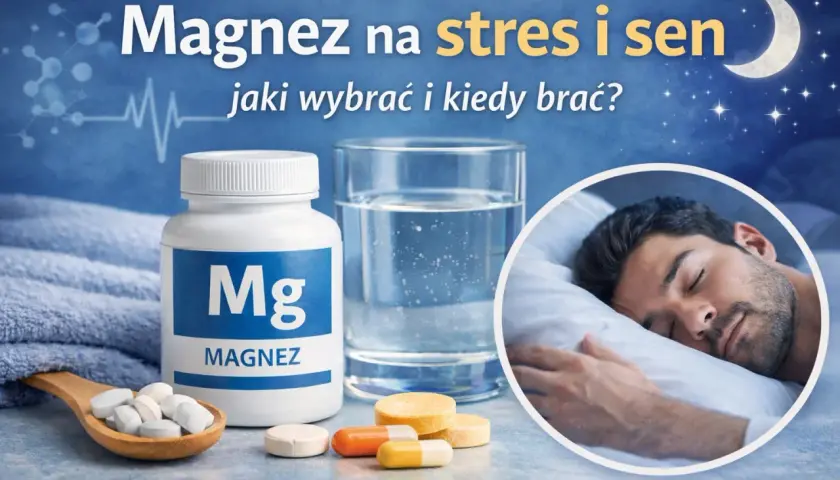 Magnez na stres i sen. Butelka z magnezem, szklanka wody i śpiący mężczyzna.