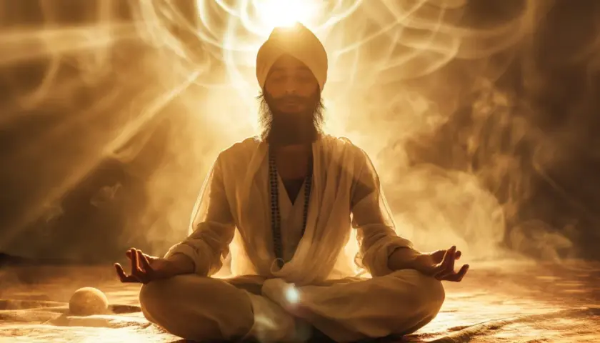 Mężczyzna w turbanie medytuje w pozycji lotosu, otoczony złotą poświatą i dymem, symbolizującym przebudzenie kundalini.