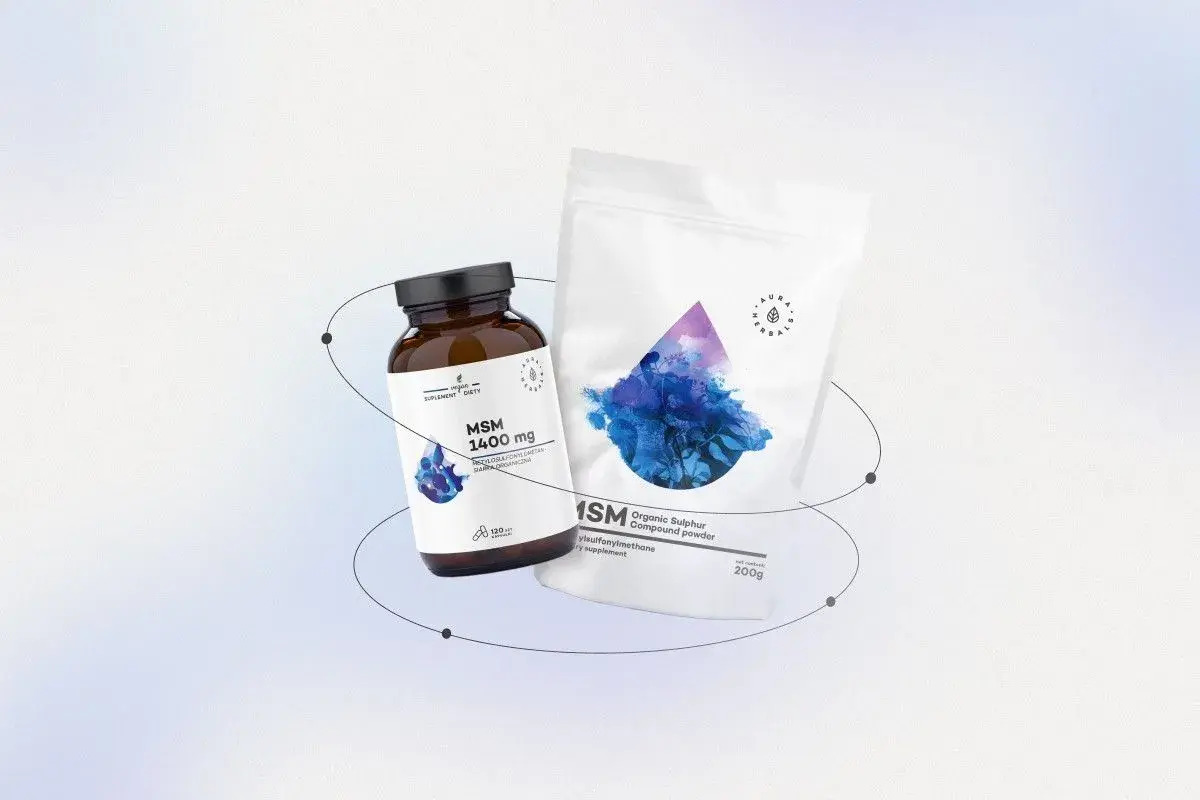 Wsparcie dla stawów: butelka kapsułek MSM 1400 mg i saszetka organicznej siarki.