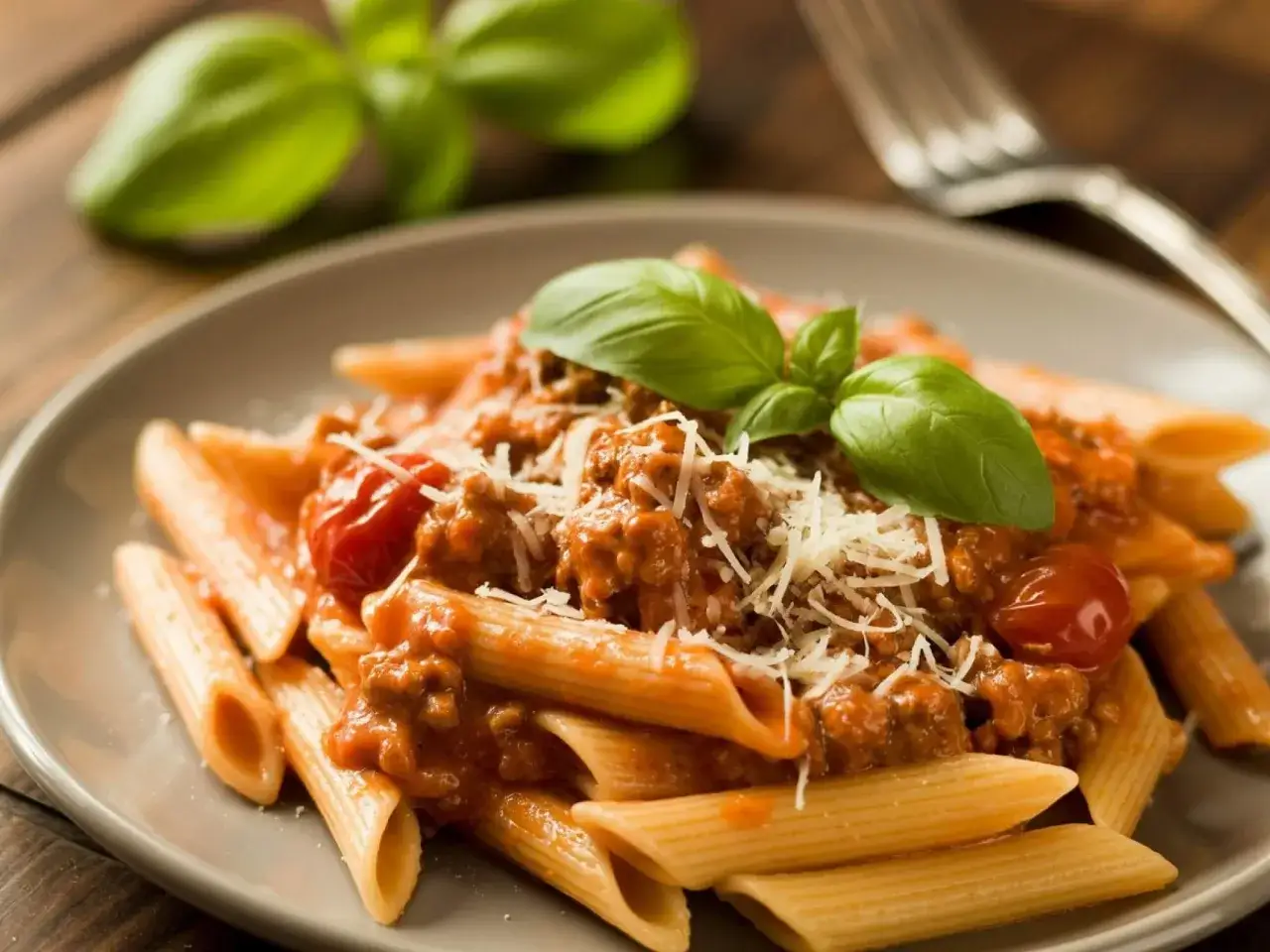Penne z sosem bolognese, posypane parmezanem i ozdobione listkami bazylii świeżej.