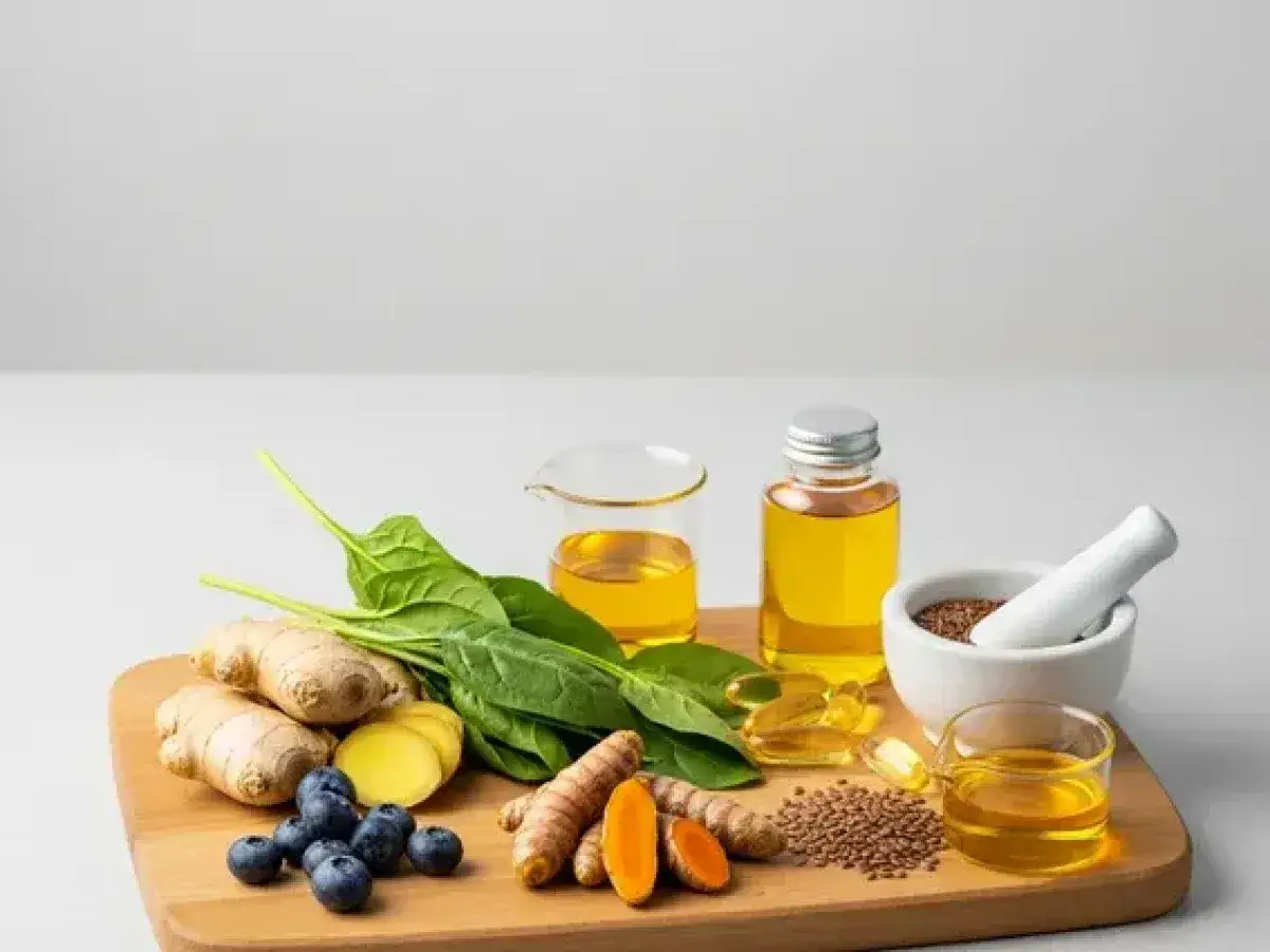 Składniki na naturalny antybiotyk na stawy: imbir, kurkuma, jagody, szpinak, siemię lniane i oleje.