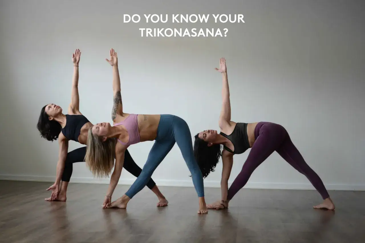 Trzy kobiety w pozycjach jogi, ćwiczące trikonasana. Rozciągają ciało, tworząc trójkątne kształty.
