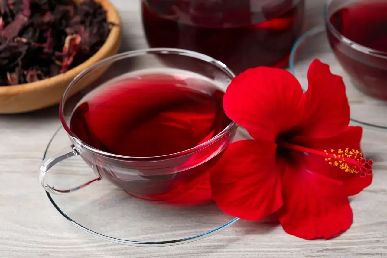 Czerwony napar z hibiskusa, pełen orzeźwiającego smaku, obok świeżego kwiatu i suszonych płatków.